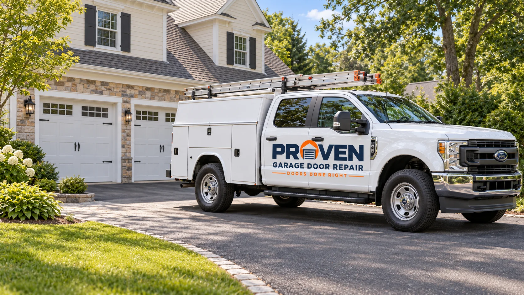 Brand illustration of a white Proven Garage Door Repair truck beside a home’s garage